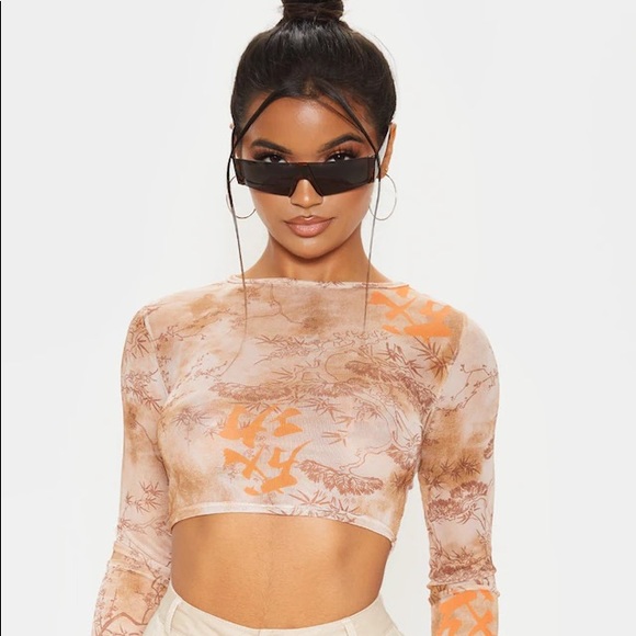PrettyLittleThing Tops - Pretty Little things Orange Tie Dye Printed Mesh Long Sleeve Crop Top